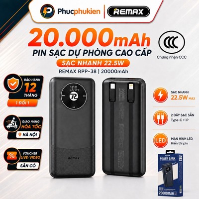 Sạc dự phòng 20000mAh Remax RPP 38 ( có CCC ) tích hợp dây sạc type c và lphone - Phúc Phụ Kiện
