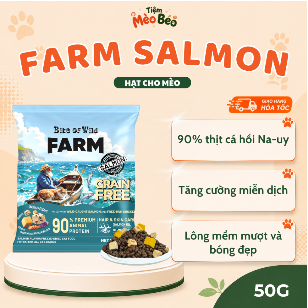 Hạt Cho Mèo Bite Of Wild Farm Cá Hồi, Gói 50G, 90% Thịt Cá Hồi Na Uy, Không ngũ cốc