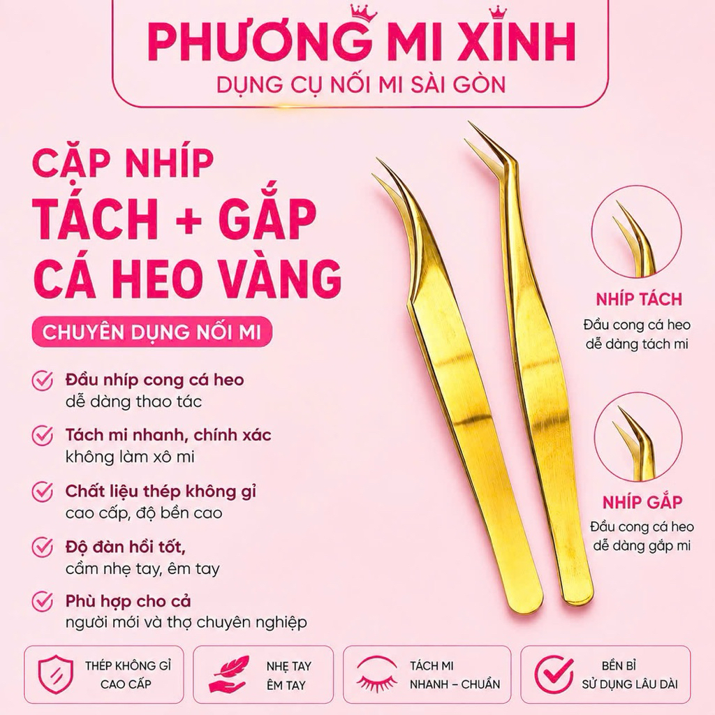 Combo 2 cây nhíp gắp Classic và tách nối mi classic màu vàng trơn_dụng cụ nối mi