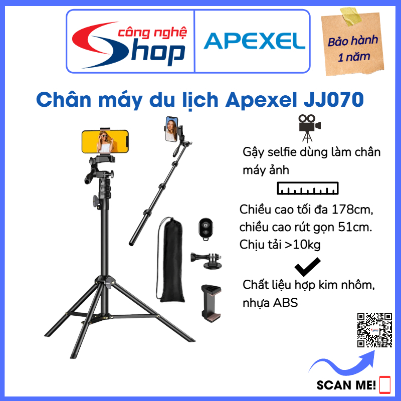 Chân máy du lịch cao cấp Apexel APL-JJ070 bao gồm giá đỡ tháo lắp nhanh và tay cầm quay video