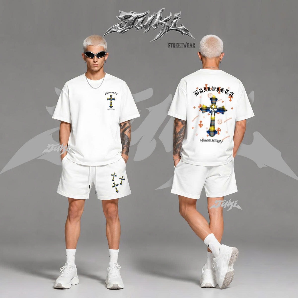 Set Bộ Thun Nam Nữ Tuki Streetwear Oversize BALLISTA CROSS CHROME