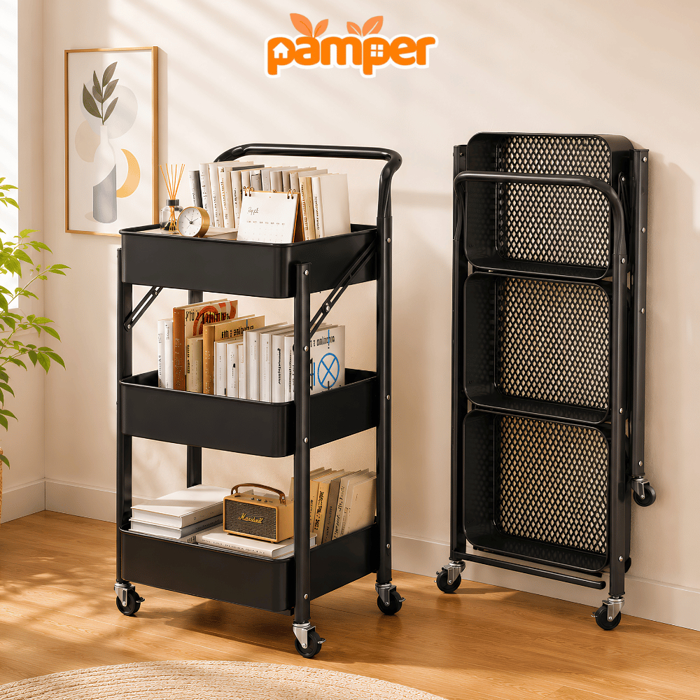 Xe Đẩy Gấp Gọn 3 Tầng Khung Thép Carbon PAMPER, Xe Đẩy Spa, Kệ Đựng Bỉm Sữa Có Bánh Xe Không Lắp Ráp