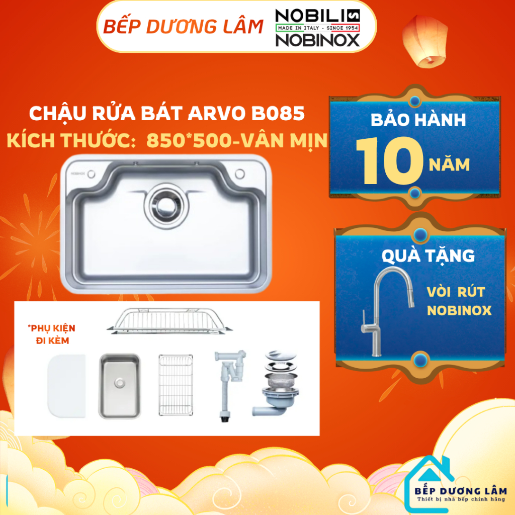 Chậu rửa 1 hố cao cấp NOBINOX ARVO B085 | Kích thước 85 X 50 CM | Hàng chính hãng