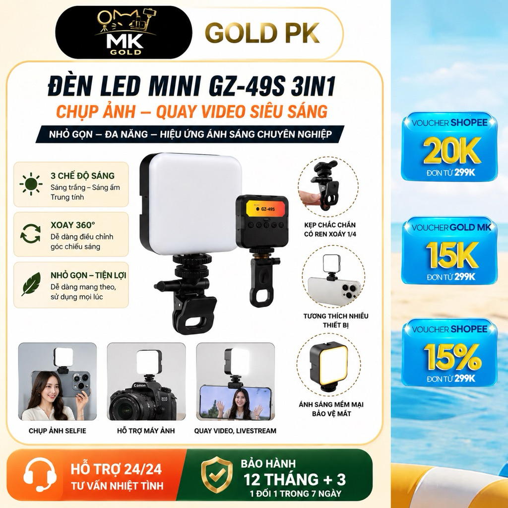 Đèn Led GZ-49S Hỗ Trợ Ánh Sáng 3 In 1, Chụp Ảnh, Quay Video Siêu Sáng