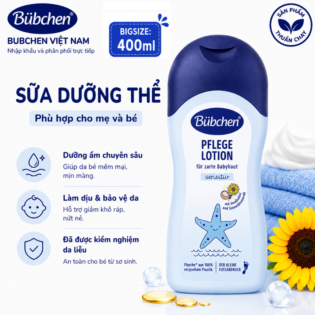 Sữa dưỡng ẩm thuần chay cho bé từ sơ sinh Bubchen Pflege Lotion 400ml cấp ẩm, làm mềm, giảm và ngừa 