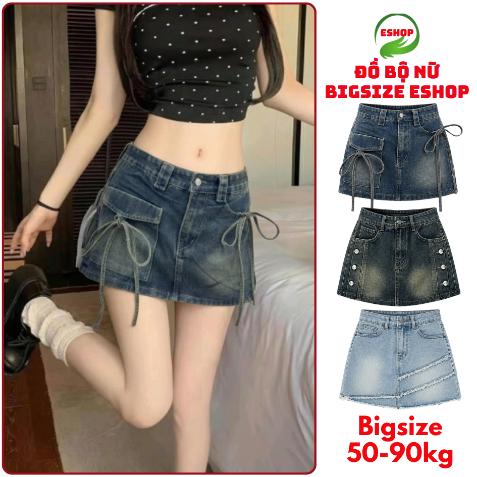 Váy Quần Jean Nữ Bigsize ESHOP Quần Váy Jean Short Nữ Form Rộng Lưng Cao Nút Viền Thời Trang Bigsize