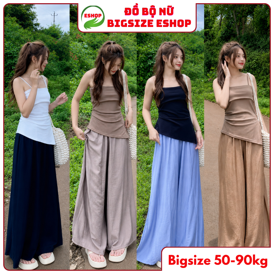 Quần Ống Rộng Vải Đũi BigSize ESHOP Quần Đũi Suông Ống Rộng Cạp Chun Giả Sang Chảnh