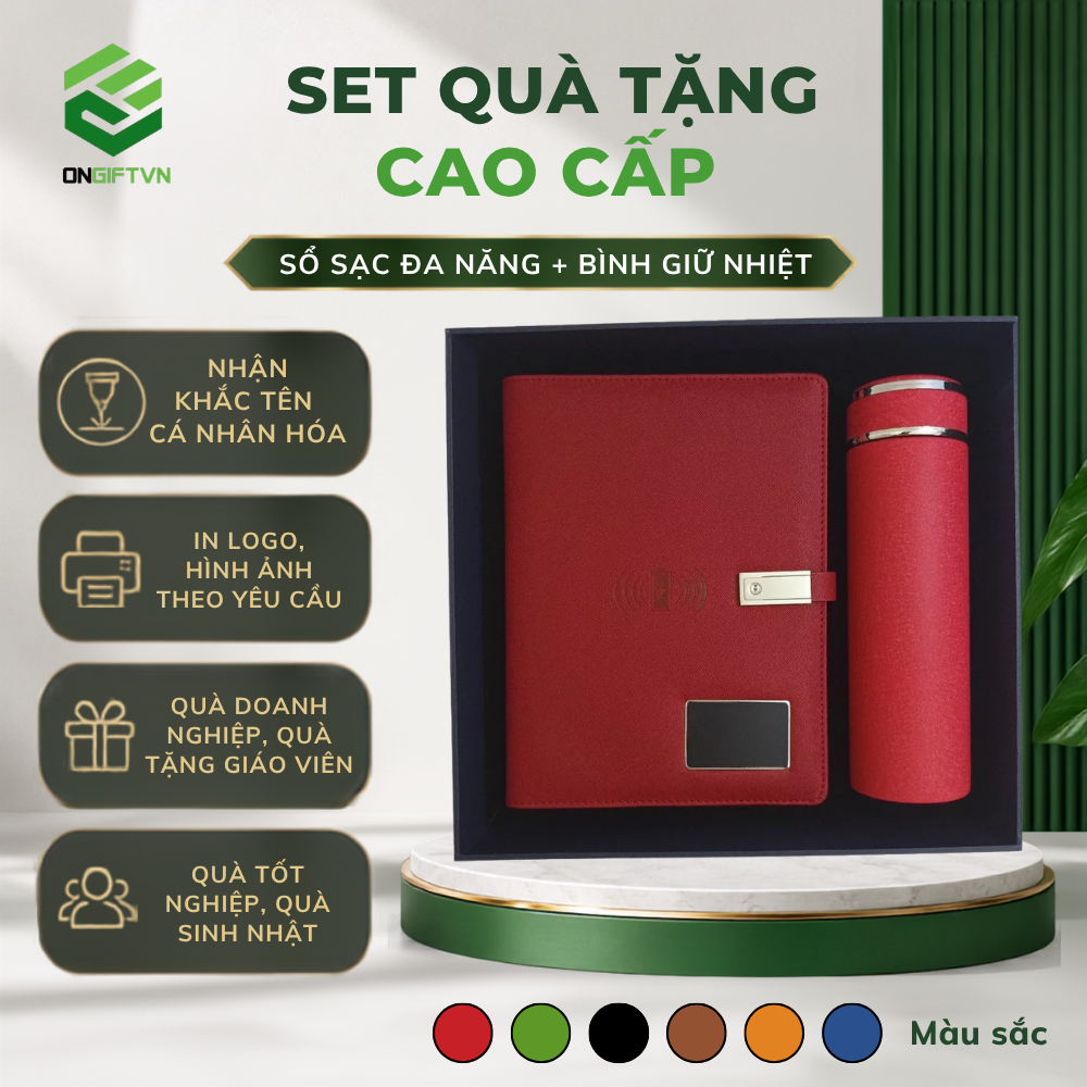 Set Quà Sổ Sạc Đa Năng Không Dây Có USB Và Bình Nước Giữ Nhiệt 2 Lớp Cao Cấp In Ấn Theo Yêu Cầu