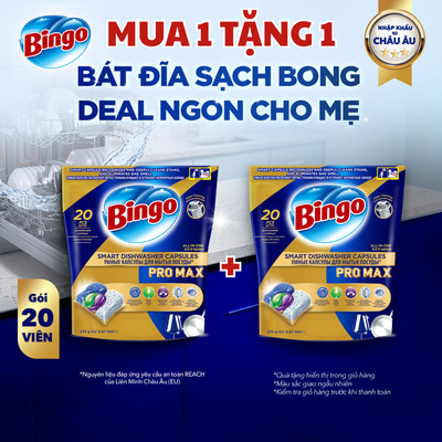 [KOL] [MUA 1 TẶNG 1] Viên Rửa Bát Chén Bingo Pro Max Cho Máy Rửa Chén 20 Viên Sạch Sâu Cháy Khét Diệt Khuẩn Đánh Bóng