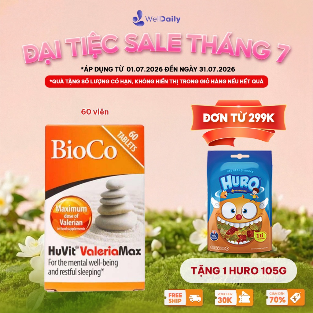 Viên uống hỗ trợ giấc ngủ an thần BioCo Huvit Valeria Max 60 viên