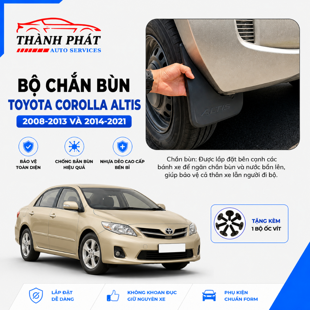 Chắn Bùn Toyota Corolla Altis 2008-2021 Full Bộ 4 Bánh - Kèm Ốc Vít - Nhựa ABS Cao Cấp - Phụ Kiện Co