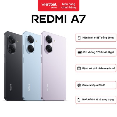 Điện thoại Xiaomi Redmi A7 3G + 64GB | Màn hình 6.88" HD+ | Unisoc T7250 8 nhân | Pin 5200 mAh