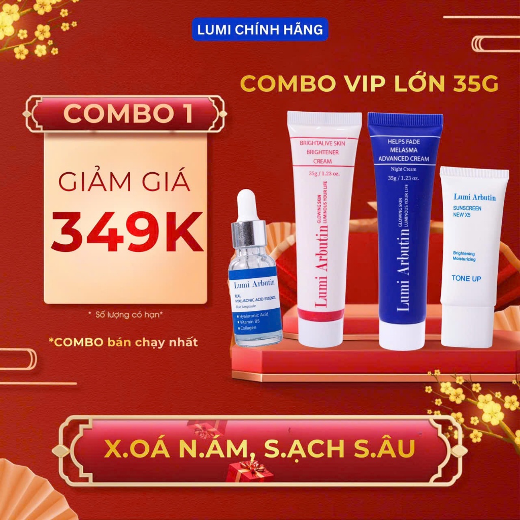 Combo Lumi Lớn 35 gam tiết kiệm hỗ trợ mờ nám Lumi Arbutin dưỡng ẩm trắng da, mờ nám
