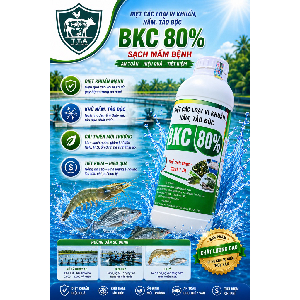 BKC 80%, Benzalkonium Chloride giúp diệt khuẩn, nấm và tảo độc trong nước.