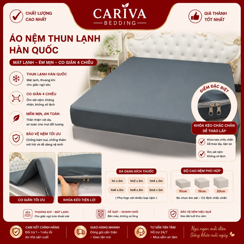 Áo Bọc Nệm Thun Lạnh CARIVA Khóa Kéo 2 Đầu - Vỏ Bọc Nệm Topper Gấp 3 Co Giãn 4 Chiều Chống Bám Bụi