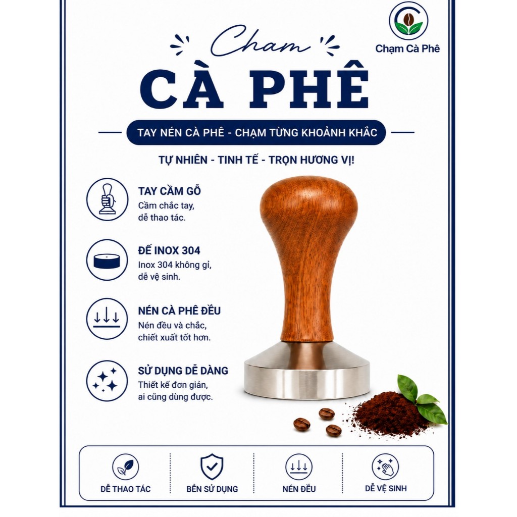 Tamper Cà Phê Espresso Inox 304 Tay Cầm Gỗ Nén Cà Phê ChTamper Cà Phê Espresso Inox 304 Tay Cầm Gỗ N