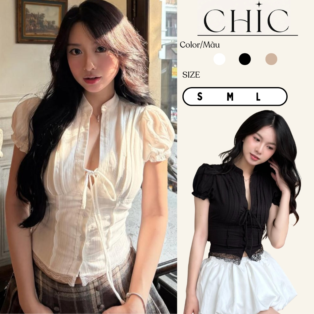 Áo Kiểu Nữ Tay Phồng Xinh Xắn Cổ Tàu Phối Vạt Ren Thắt Dây Nơ Mùa Hè ,Áo Croptop Nữ Cổ Tàu Tay Phồng Dễ Phối- Chic House