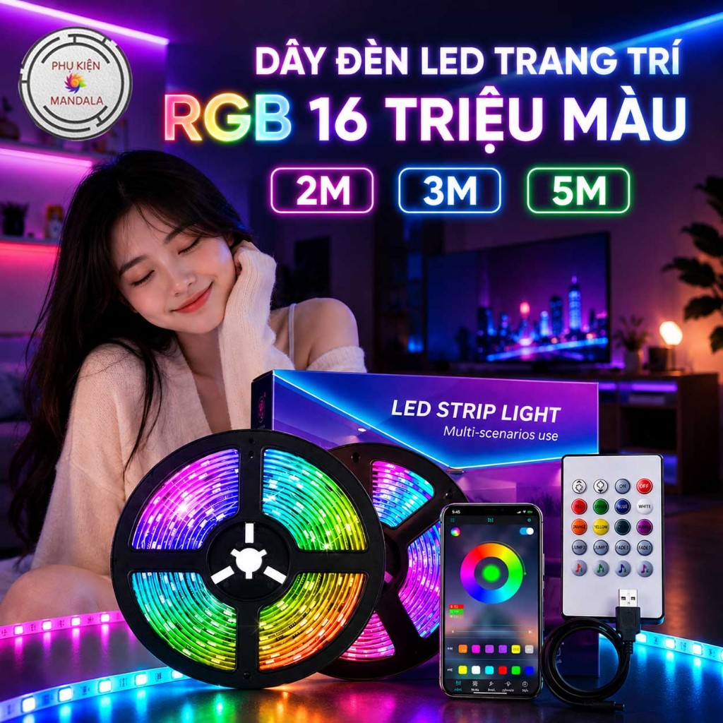 Dây đèn led trang trí RGB 16 triệu màu 2M 3M 5M nháy theo nhạc, decor phòng ngủ phòng khách