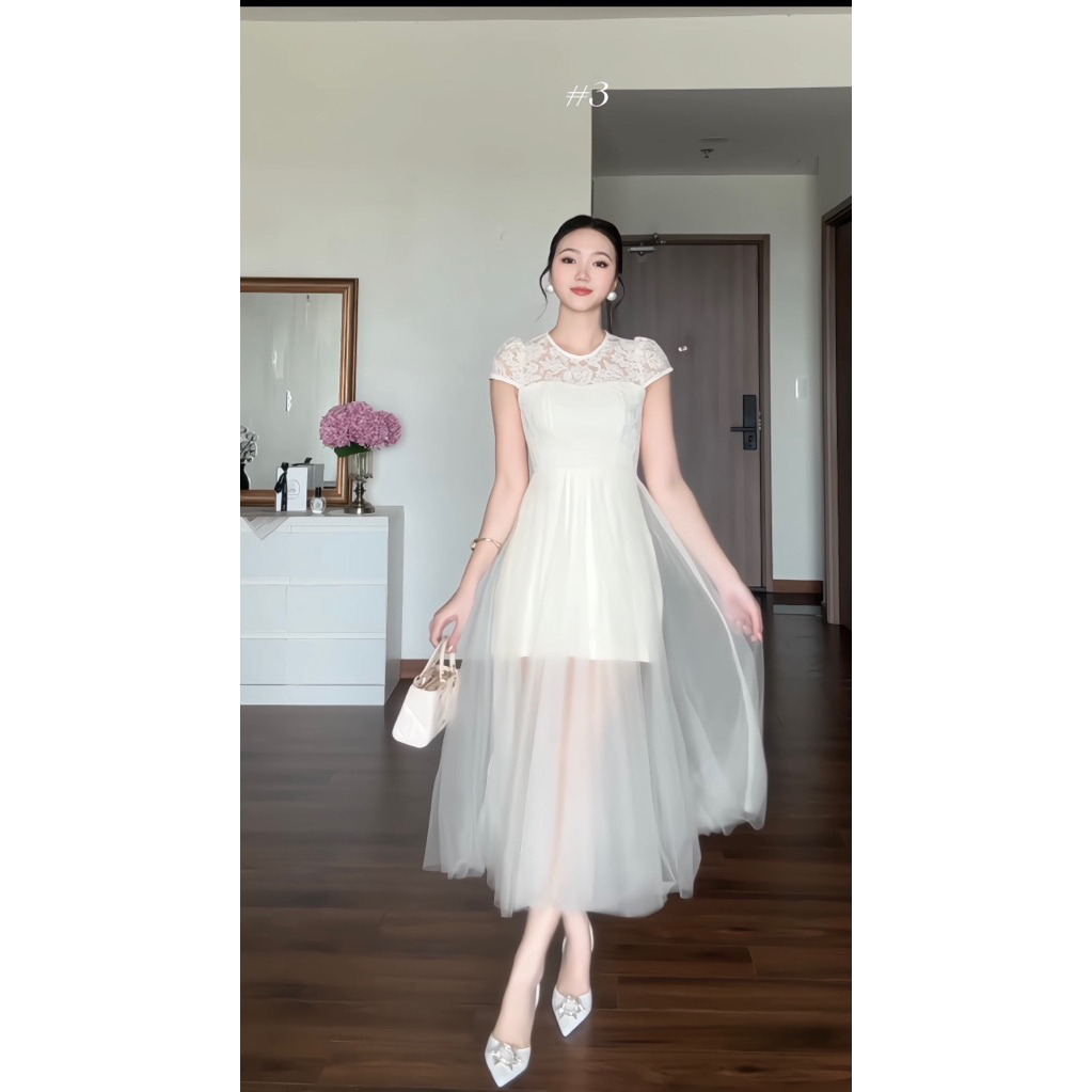 NAN Store - Váy ren thiết kế cổ tròn tay hến phối chân lưới dáng xoè dài 2 lớp