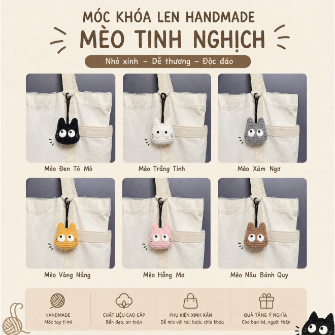 Móc Khóa Len Hình Mèo Đen Jiji - Phụ Kiện Treo Túi Xách, Balo