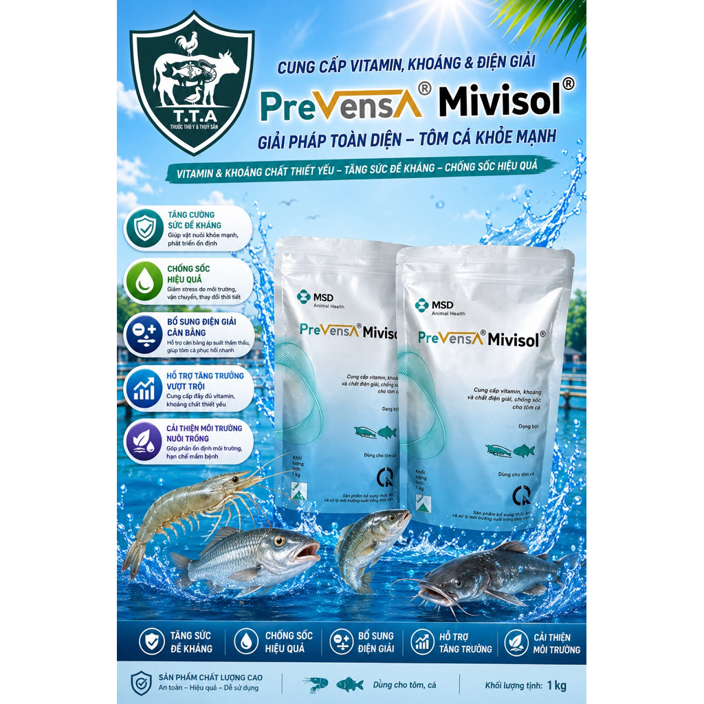 MSD PreVensA Mivisol Cung cấp vitamin, khoáng và chất điện giải, chống sốc cho tôm cá 1kg