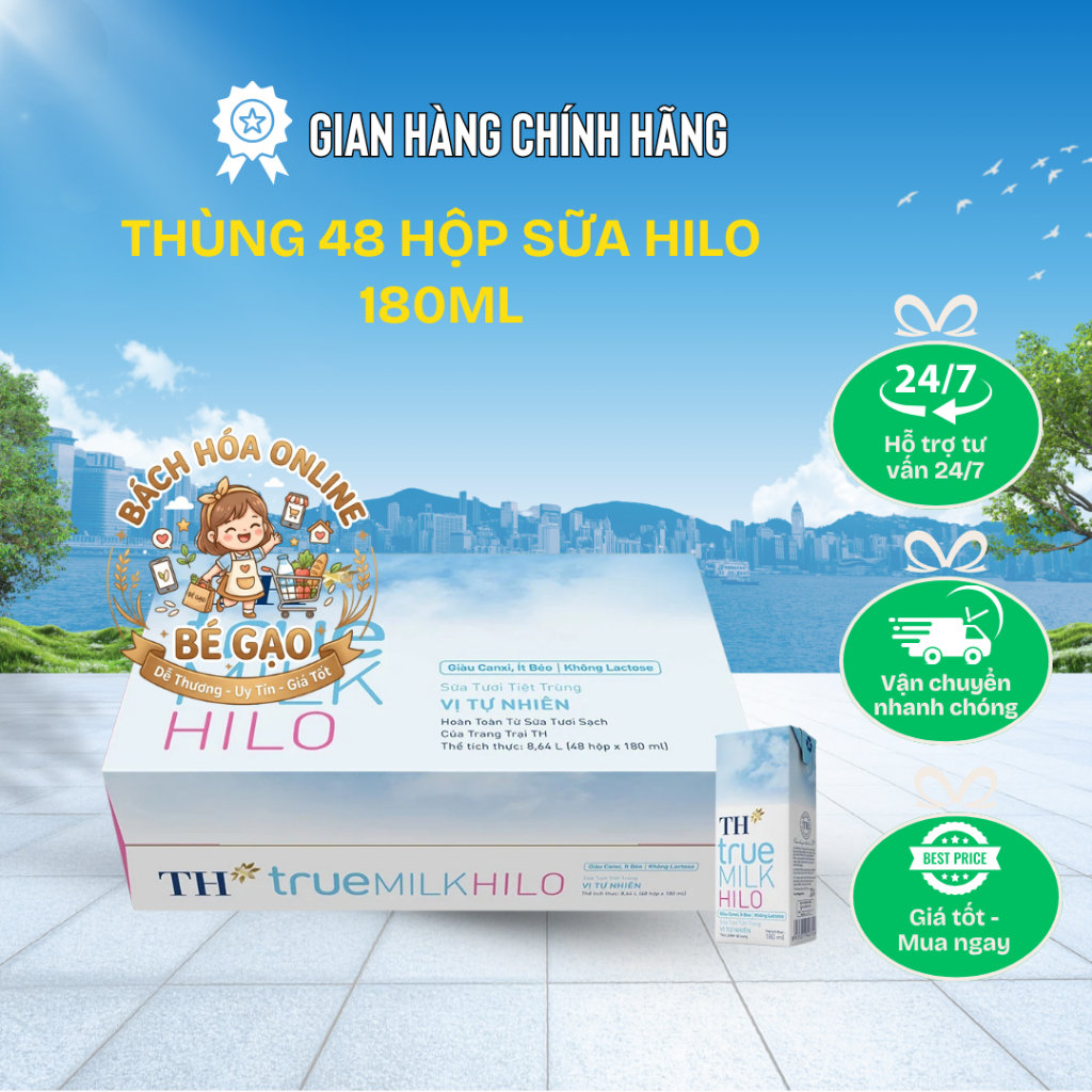 Thùng 48 Hộp Sữa Tươi Tiệt Trùng TH True Milk HILO Giàu Canxi Ít Béo 180ml