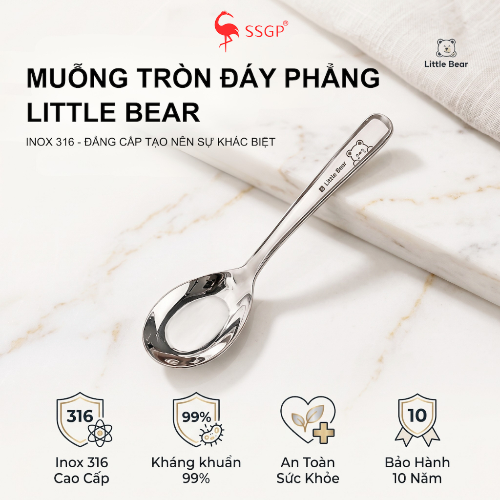 Muỗng ăn đáy phẳng inox 316 cao cấp SSGP Thìa inox kháng khuẩn, muỗng ăn cơm inox 316 Muỗng ăn