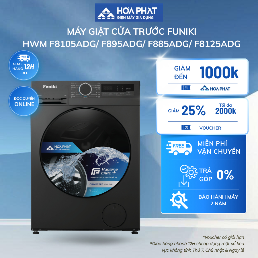 Máy giặt cửa trước Funiki HWM F8125ADG 12.5kg/ F8105ADG 10.5 kg/  F895ADG 9.5 kg/ F885ADG 8.5 kg  - 