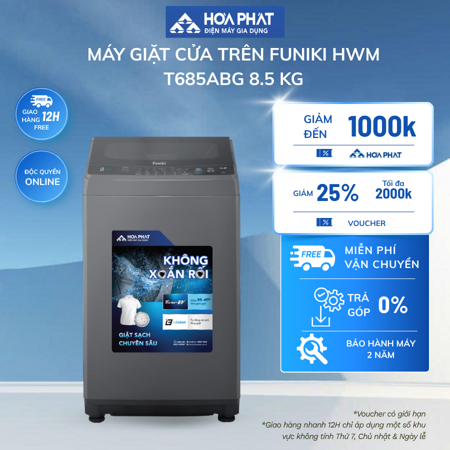 Máy giặt cửa trên Funiki HWM T685ABG 8.5 kg - BH 24 tháng