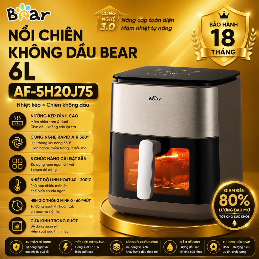 Nồi Chiên Không Dầu Bear AF-5H20J75 6L 2100W Nhiệt Kép Hơi Nước 230°C BH 18 Tháng