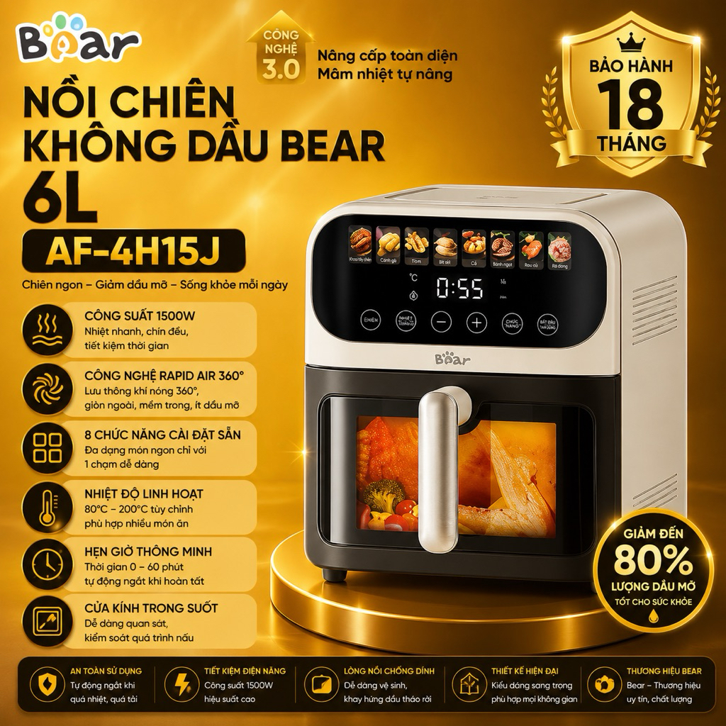Nồi Chiên Không Dầu Bear AF-4H15J 6L 1450W Chiên Hơi Nước Cảm Ứng 8 Chế Độ BH 18 Tháng