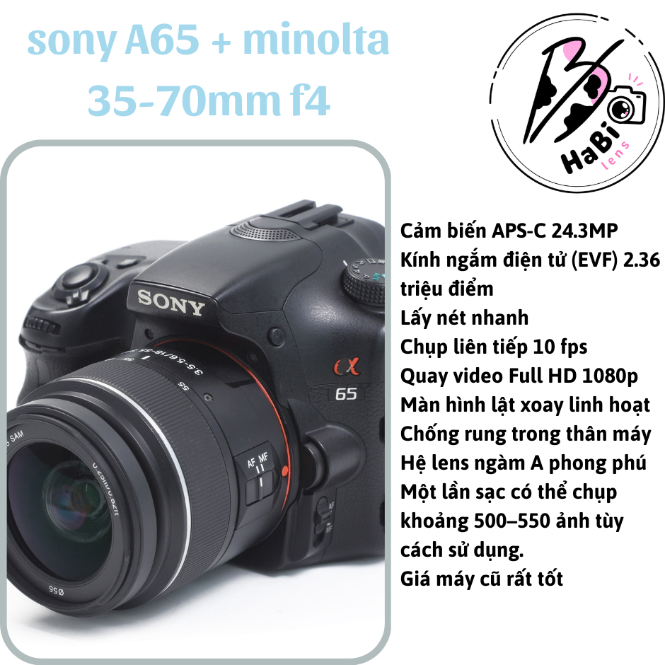Máy ảnh sony A65 like new cảm biến 24mp ảnh sắc nét tặng kèm lens AF minolta 35-70mm + pin và sạc