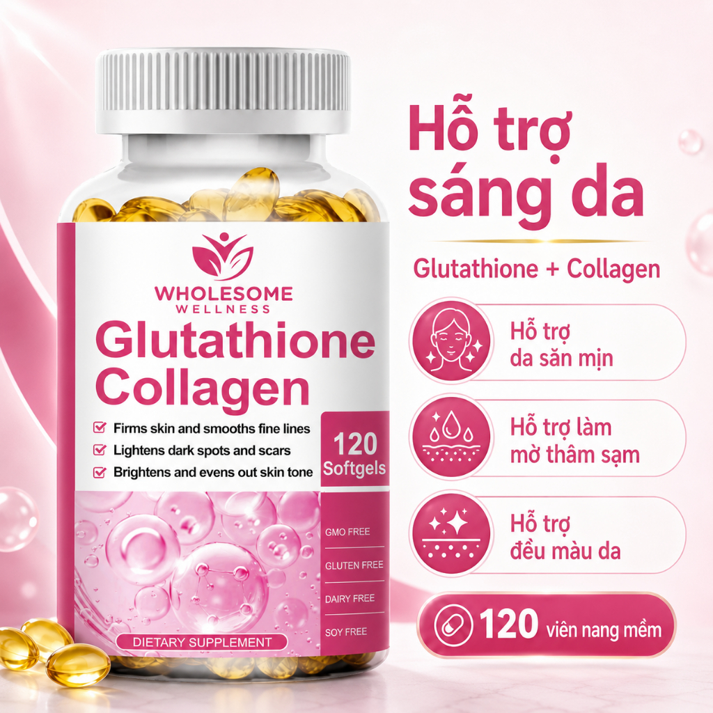 Wholesome Viên Uống Glutathione Collagen Vitamin C, Hỗ Trợ Da Sáng Khỏe, Không GMO, 60 Ngày Dùng, 12