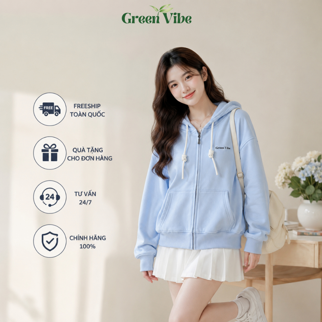 Áo Khoác Hoodie Zip GREEN VIBE Khóa Kéo Ẩn, Nỉ 2 Da 310gsm Đứng Form, Logo In PET Dáng Basic Unisex