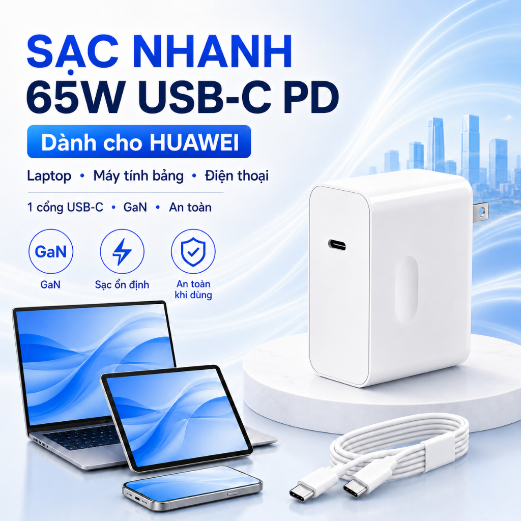 Bộ sạc USB-C PD Huawei 65W kèm cáp , chuyên dùng cho Huawei MateBook D 14, D 15, MateBook 13, MateBo