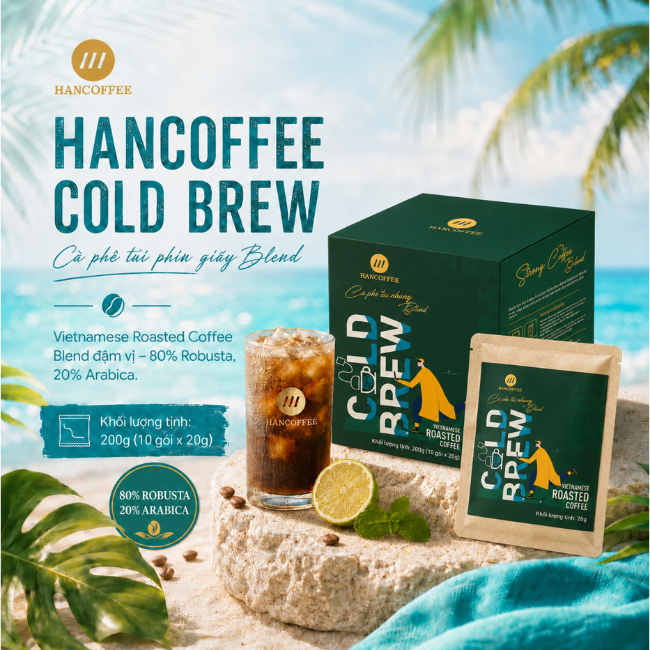 Cà Phê Cold Brew Ủ Lạnh HANCOFFEE Blend 80% Robusta 20% Arabica Túi Nhúng  Đậm Vị Hộp 10 Gói Xé
