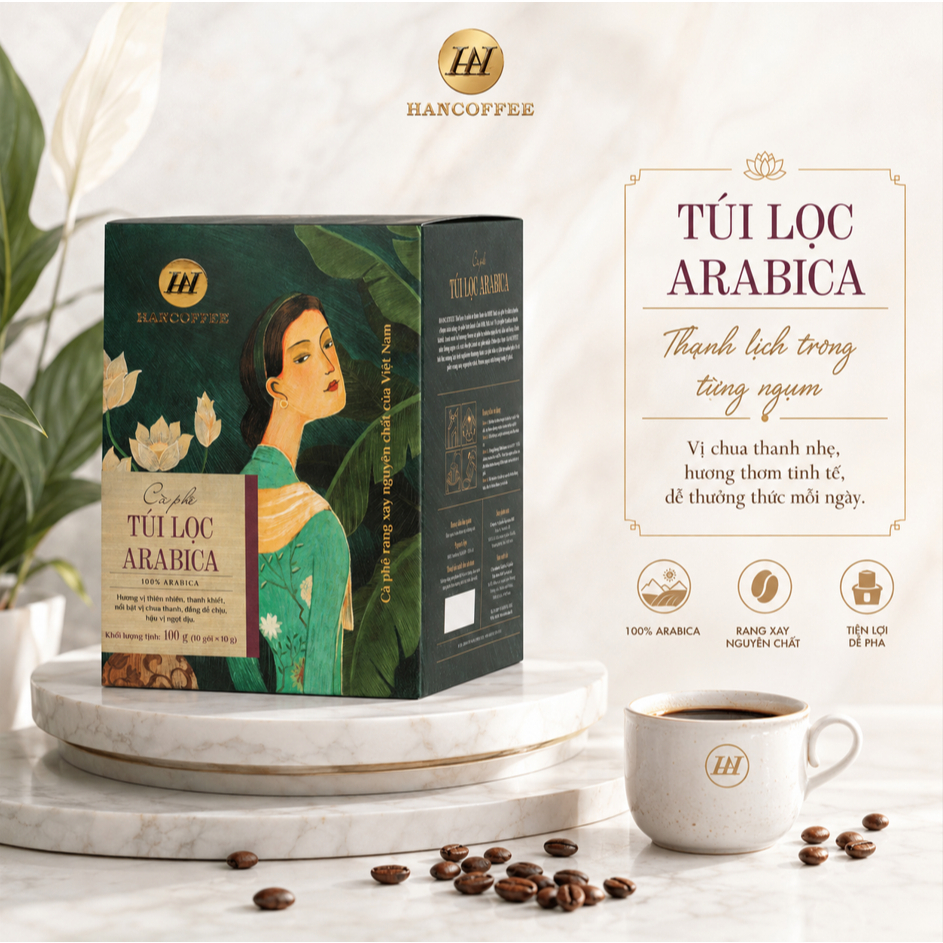 Cà Phê Phin Giấy  Arabica Nguyên Chất 100% Thanh Chua Hậu Vị Ngọt Tiện Lợi Hộp 10 Gói 15gr HANCOFFEE