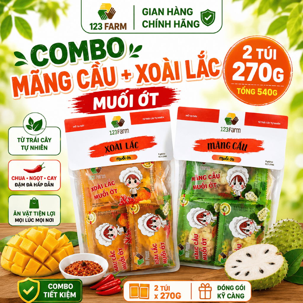 Combo Hít Hà 123FARM - xoài lắc muối ớt & mãng cầu muối ớt - 2 gói 270g