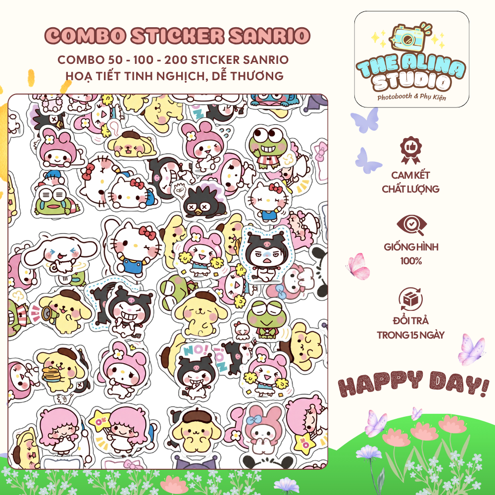 Set 50/100/200 Sticker Sanrio, Sticker Pochacco, Sticker Capoo, The Alina Studio, Tặng kèm móc khoá
