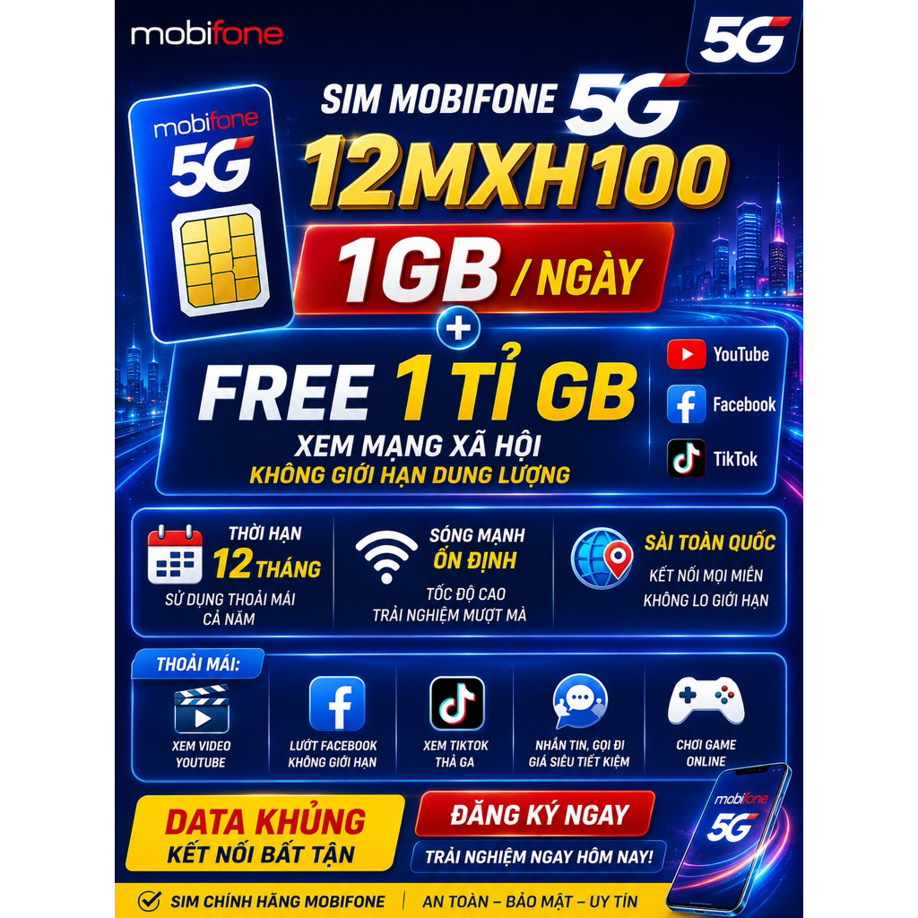 🔥Sim Mobifone 5G 12MXH100:1GB/ngày+ 1tỉ Gb xem MXH không giới hạn dung lượng Yb,FB,Tik 12 tháng Sài 