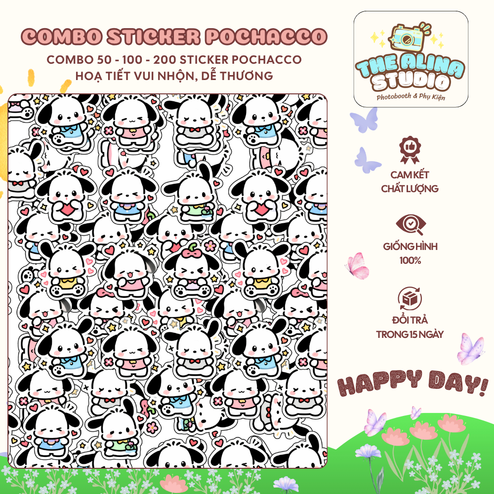 Set 50/100/200 Sticker Pochacco, Sticker Sanrio, Sticker Capoo, The Alina Studio, Tặng kèm móc khoá