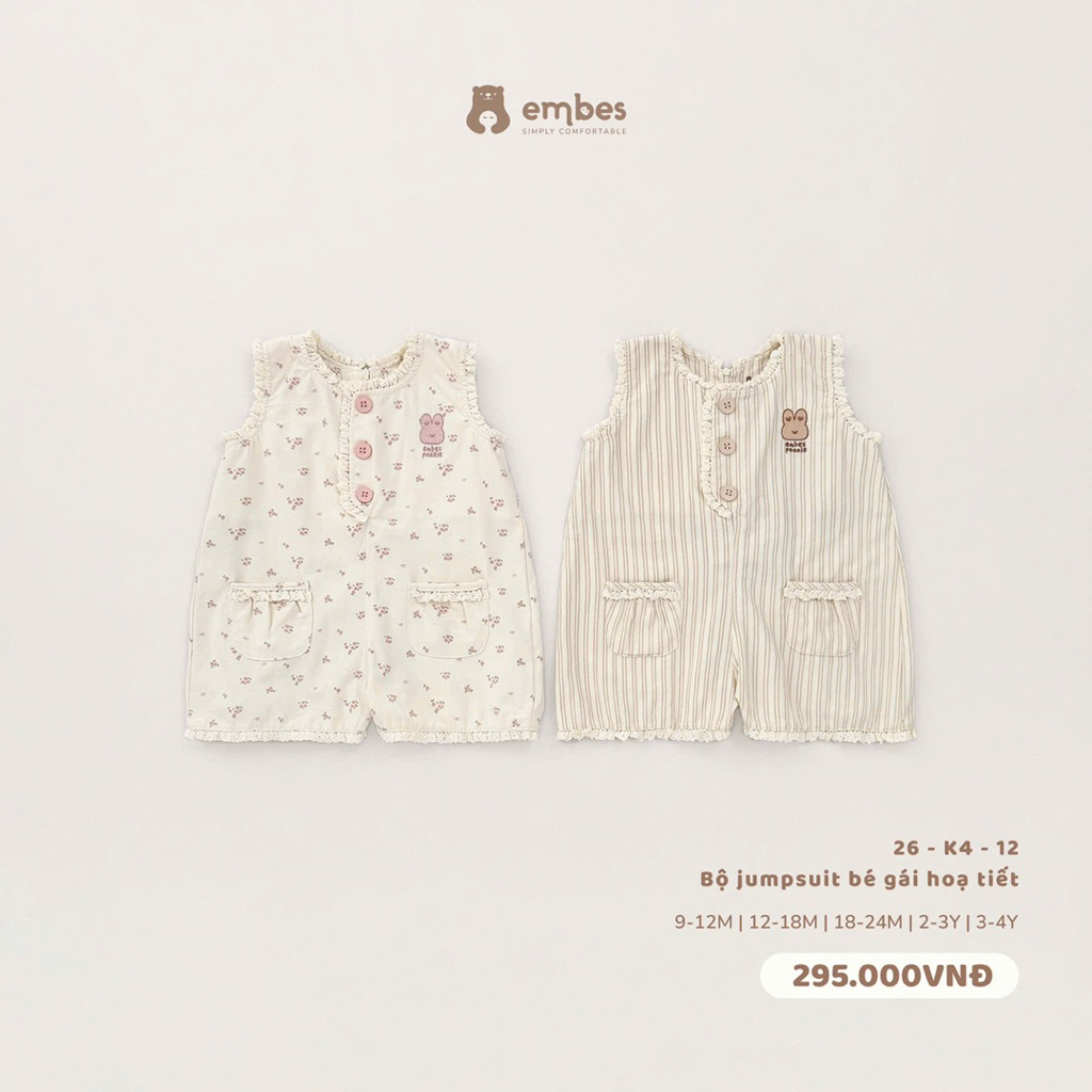 Bộ jumpsuit cho bé gái hoạ tiết Embes. Yếm đùi cho bé gái từ 8-18kg BEO.Kids