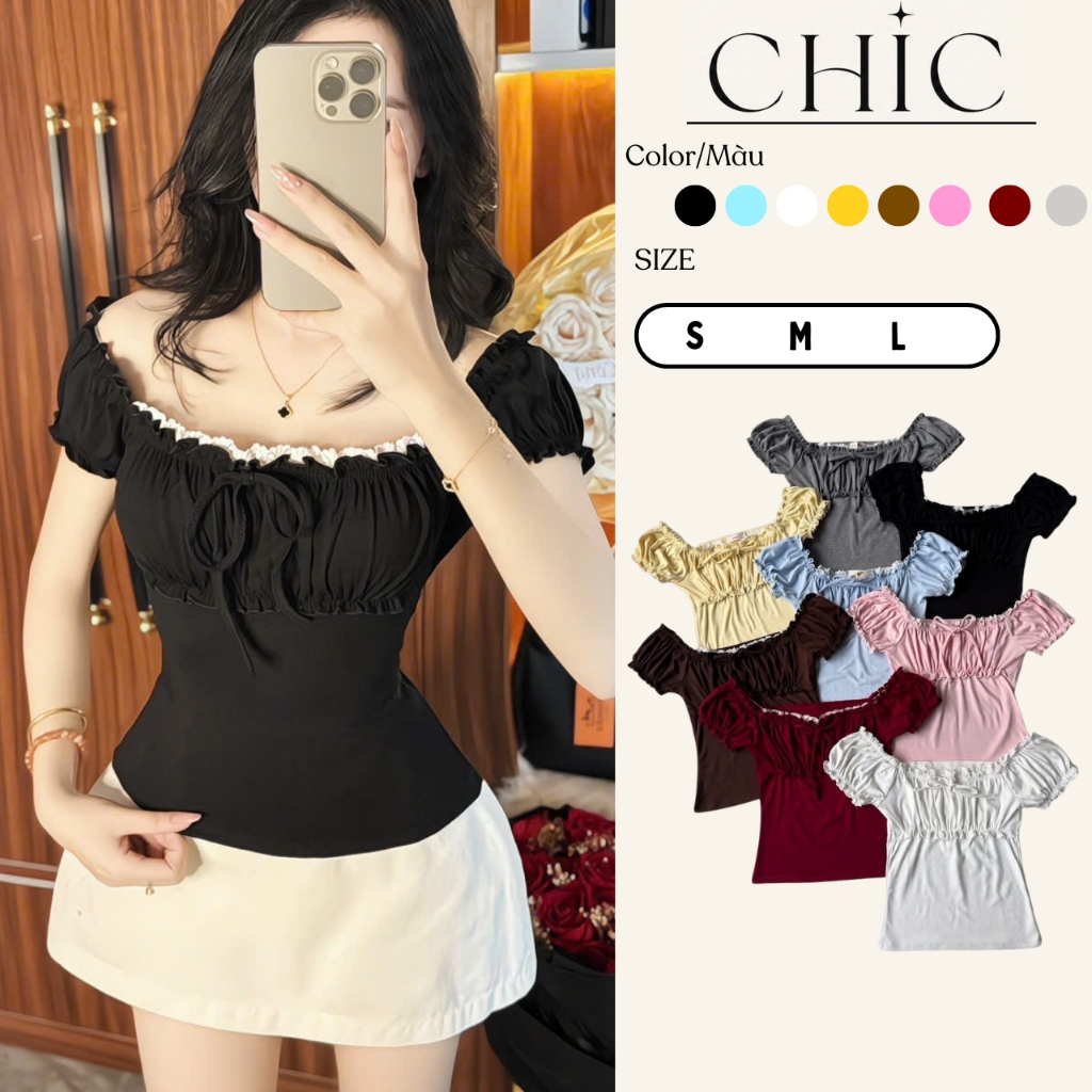 Áo Thun Nữ Cổ Vuông Phối Ren Thắt Nơ Tay Phồng Vải Cotton Mịn, Áo Kiểu Nữ Tay Phồng Phối Ren Mặc Được 2 Kiểu-Chic_House