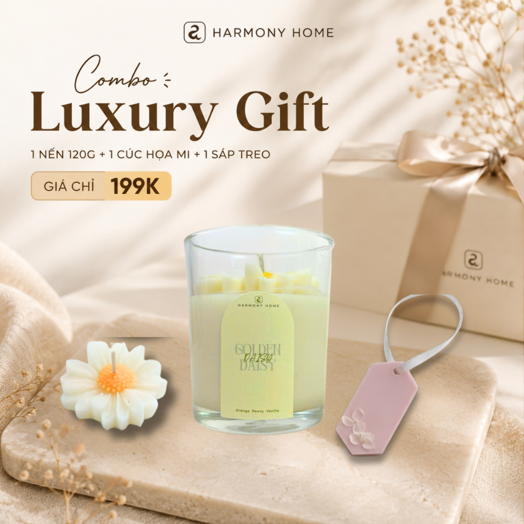 Combo Nến Thơm Quà Tặng Cao Cấp Harmony Home - Nến Ly 120g, Nến Hoa Daisy, Sáp Thơm Treo Decor - Har