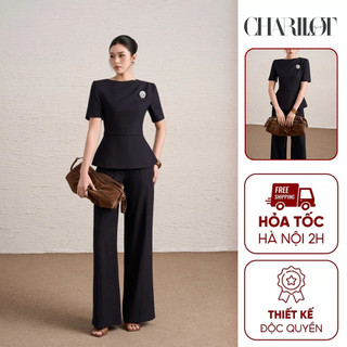 Áo Peplum Nữ Quần Suông Xanh Than NINI Thiết Kế Charllot Công Sở Nữ Thanh Lịch Chất Chéo Hàn Ít Nhăn