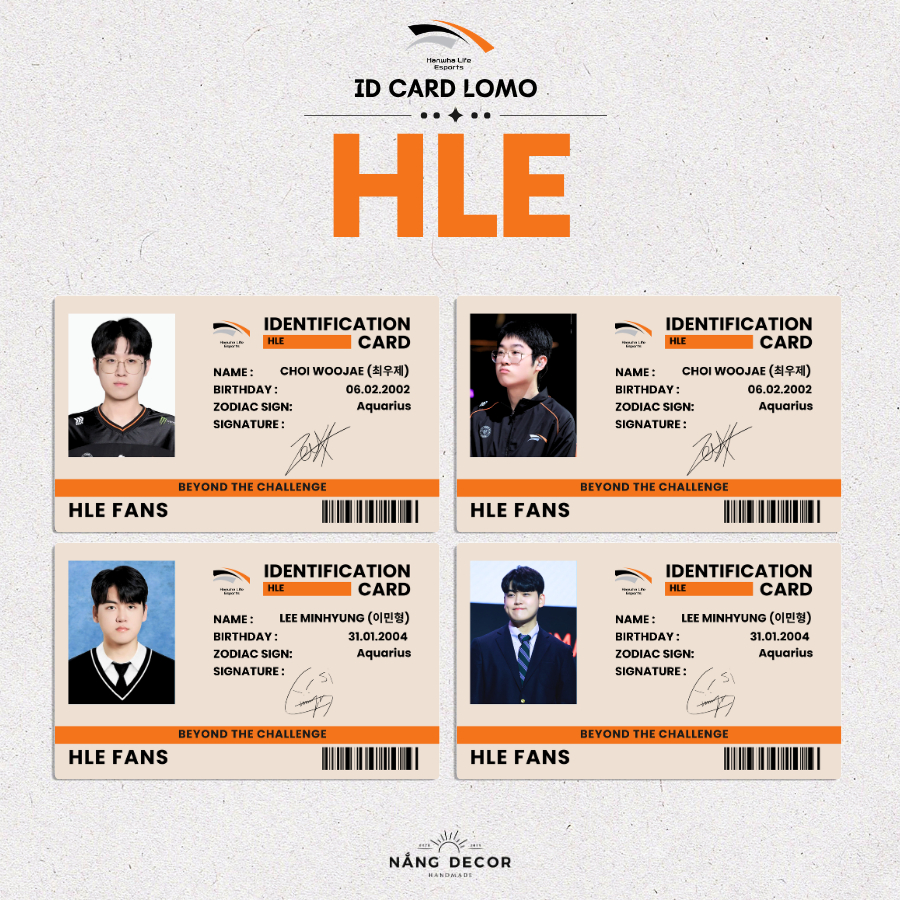 [HCM] ID Card Giấy HLE (Gumayusi, Zeus,…) (LOL) Full Member Size 5.4 x 9cm | Nắng Decor 2015