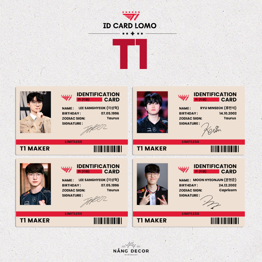 [HCM] ID Card Giấy T1 (Faker, Keria, Oner,…) (LOL) Full Member Size 5.4 x 9cm | Nắng Decor 2015