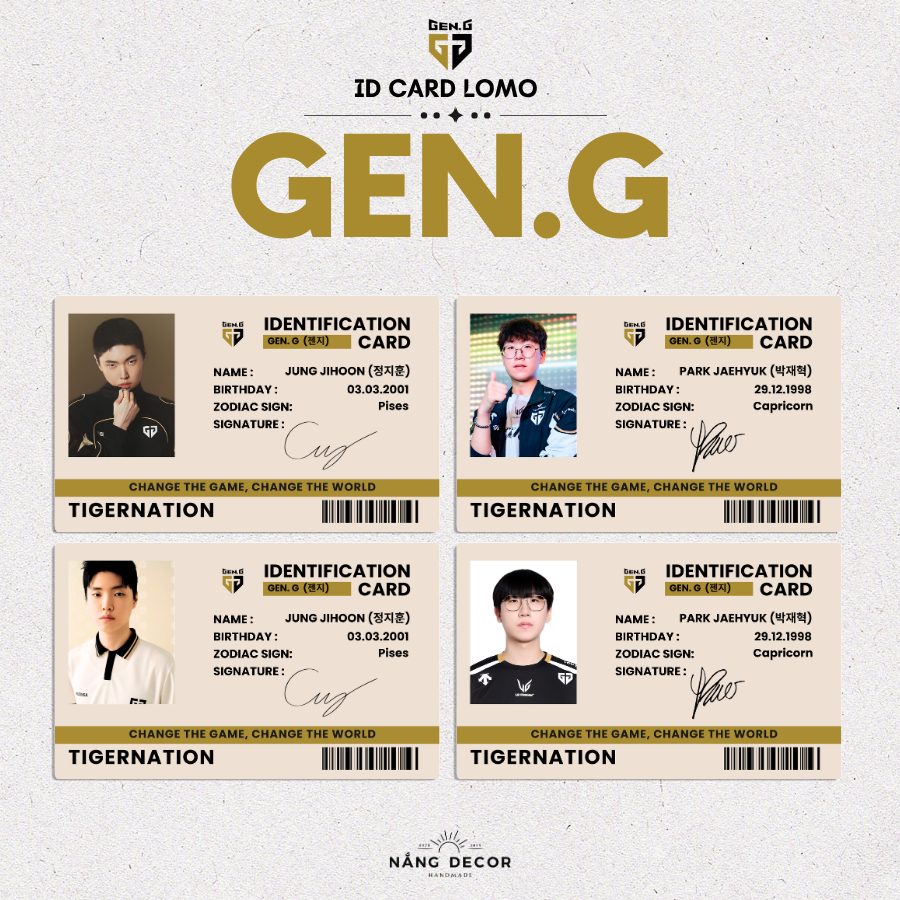 [HCM] ID Card Giấy GEN.G (Chovy, Ruler,…) (LOL) Full Member Size 5.4 x 9cm | Nắng Decor 2015
