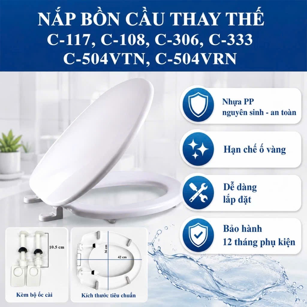 Nắp bồn cầu nhựa Hùng Anh  cao cấp thay tương thích bồn cầu Inax c117,c108,c306,c504vt,c504vr