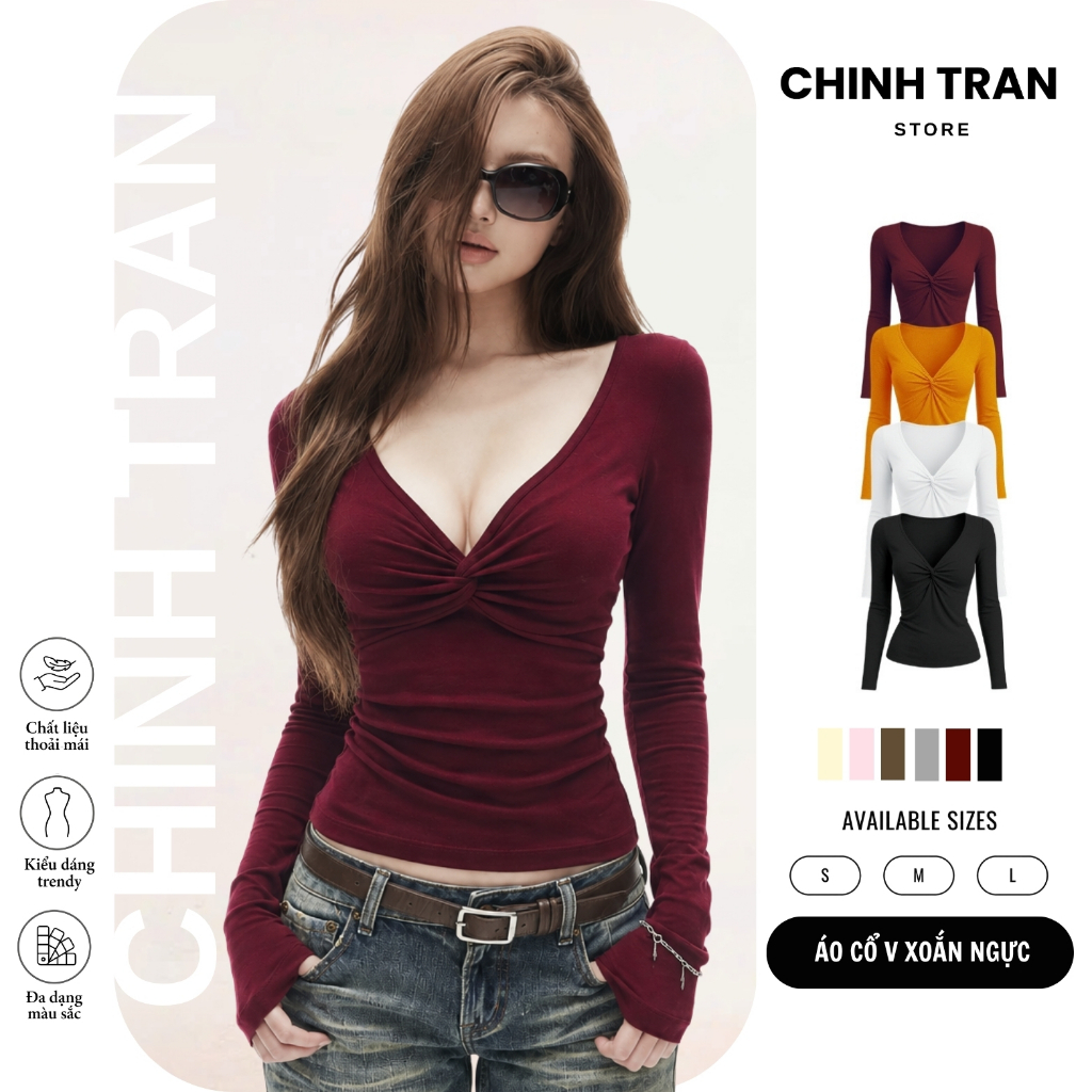 Áo Thun Xoắn Ngực Dài Tay Ôm BodyThiết Kế Xẻ V Nữ Tính - Chinh Trần Store